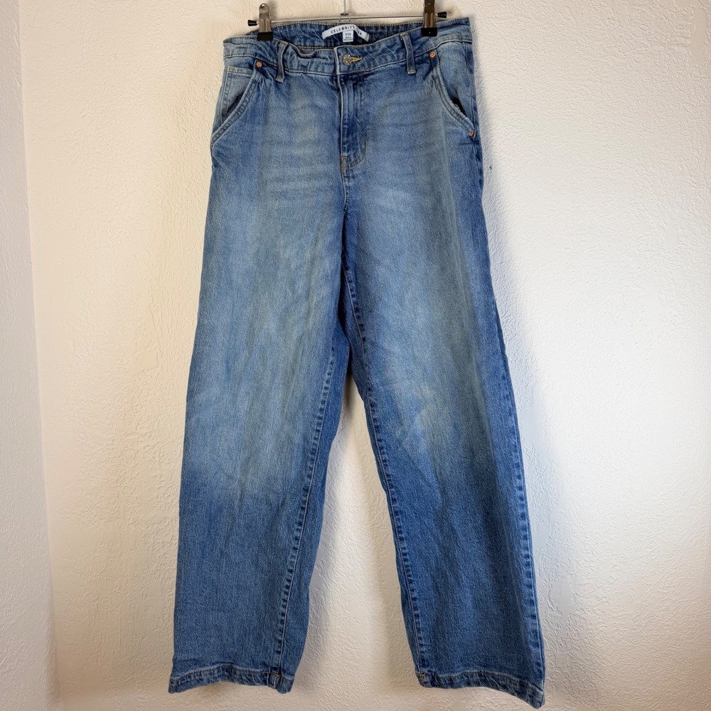 Celebrity Pink Womens 9/29 High Rise Wide Leg Jeans Medium Wash Denim